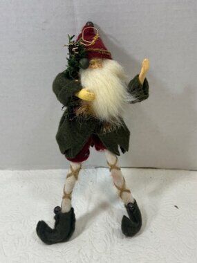 9" Gnome Elf Santa Hanging Christmas Ornament Green Red Felt Bendable Legs Doll